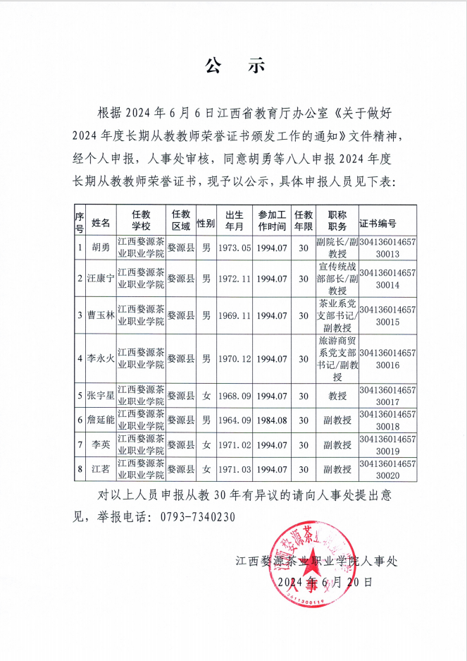 江西婺源茶業職業學院長期從教榮譽證書申報人員信息公示（公示5天）