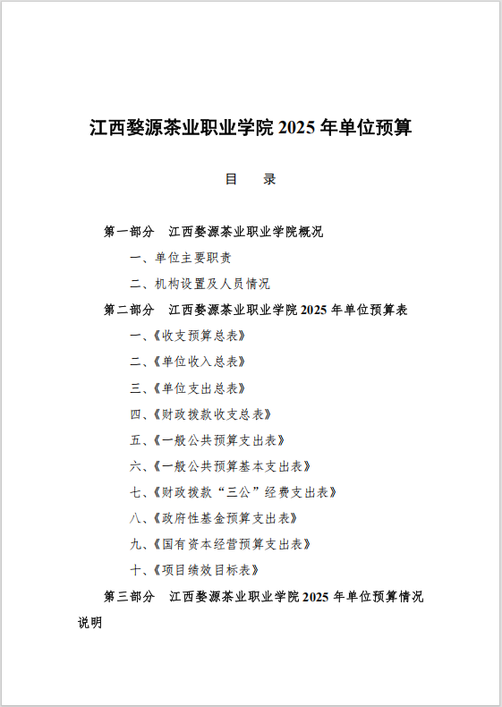 江西婺源茶業職業學院2025年度預算信息公開